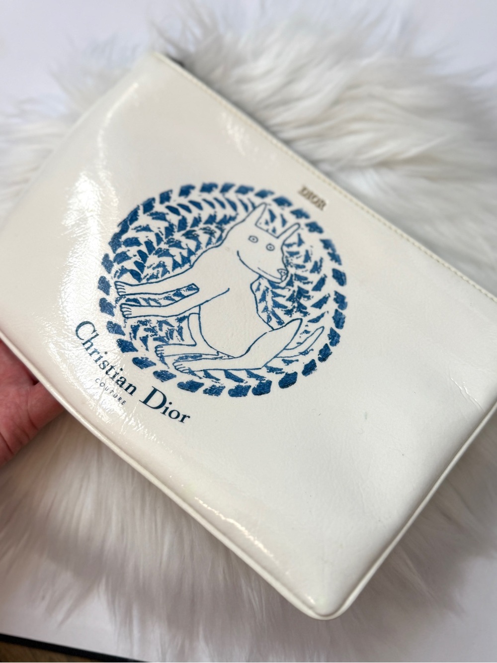 Dior Vintage White Patent Leather Pouch with Blue Print Used Very Good Condition